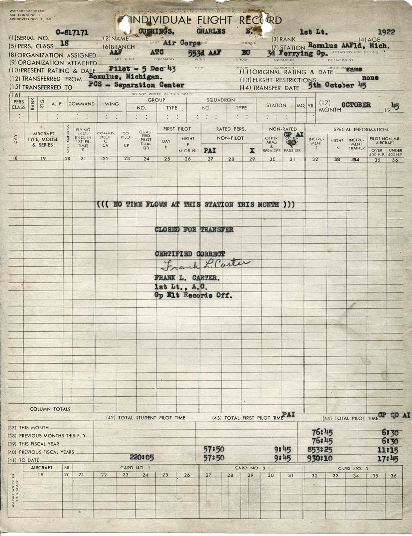 Charles E. Cushing World War II Pilot Logs & Documents