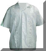 The guayabera (also known as a Mexican wedding shirt) is a style of men's shirt popular througout Latin America. The origin of the garment is disputed as various claims have attributed the distinctive style to differing Latin American countries. Usually, though, Mexico and Cuba are listed as originating the shirt.  The style is marked by four (lower and upper) or sometimes two (lower only) pockets on the front of the shirt. Two vertical rows of alforzas (pleats, usually ten, that are sewn closely together) run on the front (over the pockets) and back of the shirts. The top of each pocket is usually adorned with a button, as are the bottoms of the alforzas. The Cuban guayabera, unlike the Mexican, also has the alforzas going down the center of the shirt, over the button holes. The bottom of the shirt has three-inch slits on each side engaged with a small button. As a straight-bottomed shirt, it is not tucked into the trousers. The cuffs may be either one-button or French-cuffed. The white, French-cuffed guayabera, worn with a black bowtie, is considered to be equivent to a tuxedo and can be worn as formal attire. Traditionally worn in white, guayaberas are now available in many colors and shades and in short-sleeved version. Cuban designers in exile have modified the original style, creating guayaberas for women as well as guayabera-styled dresses. Guayabera use has spread to many Asian countries, including Thailand and the Philippines, although some sources claim the Filipino Barong Tagalog predates the guayabera. Asian versions normally have embroidery in place of the alforzas. Some Mexican and Panamanian designers have also begun using embroidery and some designers have even used both alforzas and embroidery on their shirts. The origin of the name guayabera may come from a Cuban legend that tells of a poor countryside seamstress sewing large pockets into her husband's shirts for carrying guava (guayabas) from the field, thus creating the guayabera style. The guayabera's name may also have originated from the word yayabero, the word for a person who lived near the Yayabo River in Cuba.